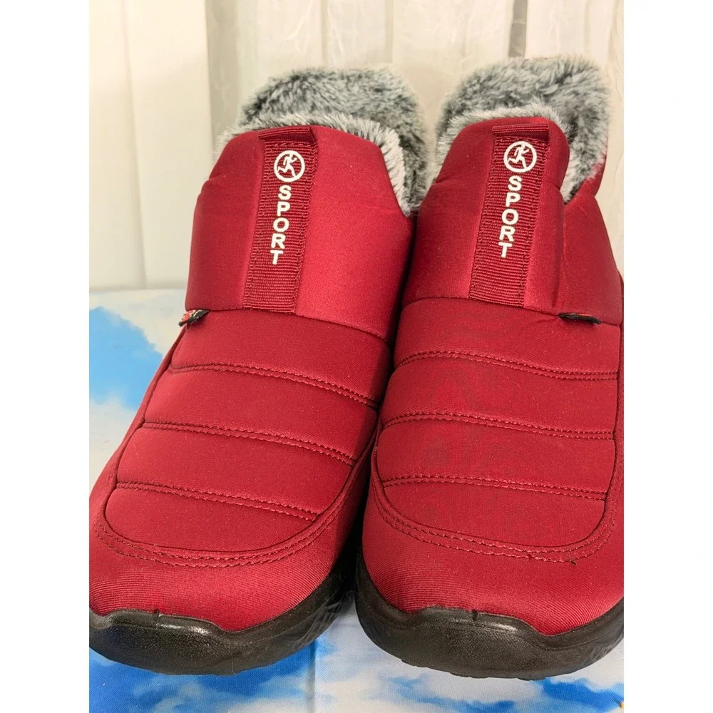 Sport Red Quilted Faux Fur Lined Slip On Winter Puffer Boots Ankle Shoes 260